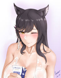 Rule 34 | 1girl, absurdres, animal ear fluff, animal ears, arm at side, artist name, atago (azur lane), atago (summer march) (azur lane), azur lane, bikini, black hair, blush, breasts, brown eyes, cleavage, closed mouth, commentary request, dated, drinking straw, eyelashes, gradient background, hair ribbon, highres, holding, large breasts, laserflip, long hair, milk carton, mole, mole under eye, one eye closed, ribbon, smile, solo, squeezing, swimsuit, white bikini, white ribbon