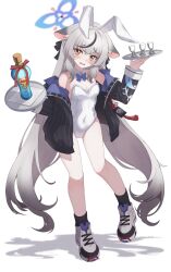Rule 34 | 1girl, animal ears, blue archive, blush, bottle, breasts, cleavage, collarbone, fake animal ears, full body, grey hair, hair between eyes, hair ornament, halo, highres, jacket, kokona (blue archive), leotard, long hair, looking at viewer, open mouth, playboy bunny, ripnte, shoes, simple background, small breasts, standing, tears, tray, white background, yellow eyes