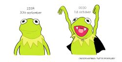 Rule 34 | 1boy, arms up, artist name, black capelet, capelet, chuckdrawsthings, colored skin, cropped torso, dated, english text, fangs, green skin, halloween, highres, kermit the frog, meme, muppets, open mouth, smile, staring, vampire costume, wavy arms, white background