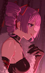 1girl bare_shoulders black_dress black_gloves breasts chain choker dark_hunter dark_hunter_(sekaiju) dark_hunter_4 dress drill_hair elbow_gloves etrian_odyssey from_side fur_shawl gloves hair_ribbon highres licking_lips medium_breasts mya-zawa off-shoulder_dress off_shoulder pink_eyes pink_hair profile red_ribbon ribbon sekaiju_no_meikyuu sekaiju_no_meikyuu_1 shawl smile solo tongue tongue_out twin_drills