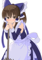 Rule 34 | 1girl, alternate color, alternate costume, apron, back bow, bare shoulders, blue bow, blue dress, blush, bow, brown eyes, brown hair, buttons, closed mouth, detached sleeves, dress, enmaided, frills, grey apron, grey bow, hair between eyes, hair ornament, hair tubes, hakurei reimu, hands up, highres, looking away, maid, player 2, ponytail, puuakachan, short ponytail, simple background, solo, standing, touhou, white background