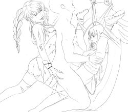 Rule 34 | 1boy, 2girls, bdsm, bondage, boots, bottomless, bound, bound arms, bound legs, claws, freckles, highres, lineart, mole, monochrome, multiple girls, open mouth, pyrrha alexandra, sex, soul calibur, soulcalibur v, thigh boots, thighhighs, tira (soulcalibur), tongue, twintails, vaginal