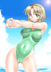 Rule 34 | 1990s (style), 1girl, blonde hair, breasts, cameltoe, cleft of venus, covered navel, covered erect nipples, glasses, green eyes, hairband, highleg, highleg swimsuit, hououji fuu, impossible clothes, impossible swimsuit, large breasts, magic knight rayearth, one-piece swimsuit, red hairband, round eyewear, sakura ryuuken, short hair, solo, standing, swimsuit, water