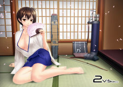 Rule 34 | 10s, 1girl, arm support, arrow (projectile), barefoot, bow (weapon), breasts, brown eyes, brown hair, cleavage, collarbone, flight deck, folding fan, hakama, hakama short skirt, hakama skirt, hand fan, highres, indoors, japanese clothes, kaga (kancolle), kantai collection, large breasts, long legs, looking at viewer, on floor, petals, quiver, short hair, sitting, skirt, smile, solo, tai (2vs), weapon, wide sleeves, yokozuwari