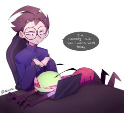 Rule 34 | 2boys, alien, animification, artist name, black hair, blue shirt, chair, colored skin, computer, desk, dib (invader zim), earrings, english text, glasses, green skin, invader zim, jewelry, laptop, multiple boys, pink eyes, shirt, short hair, simple background, solo, speech bubble, white background, yoyochaan, zim (invader zim)