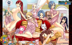 Rule 34 | 6+girls, artist request, bisca mulan, blue eyes, blue hair, brown eyes, cana alberona, cat, charle (fairy tail), dog, doll, erza scarlet, evergreen (fairy tail), fairy tail, food, green hair, juvia lockser, levy mcgarden, lucy heartfilia, mirajane strauss, multiple girls, nude, pizza, red hair, third-party edit, wendy marvell