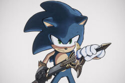 Rule 34 | 1boy, :/, animal ears, animal nose, arm up, armor, artist name, asymmetrical gloves, blue fur, blue hair, body fur, caliburn (sonic), closed mouth, cowboy shot, drexis anim, gauntlets, gem, gloves, green eyes, grey background, grey gloves, holding, holding sheath, holding sword, holding weapon, kagurabachi, kagurabachi pose (meme), legs apart, long hair, looking at viewer, male focus, meme, mismatched gloves, red gemstone, scabbard, sheath, simple background, single gauntlet, solo, sonic and the black knight, sonic the hedgehog, spiked hair, standing, sword, unsheathing, watermark, weapon, white gloves