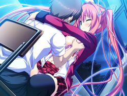 Rule 34 | 1boy, 1girl, breasts, clothes lift, game cg, girl on top, grabbing, grabbing another&#039;s breast, kneehighs, kodama izayoi, koku, medium breasts, non-web source, panties, school uniform, sitting, sitting on lap, sitting on person, skirt, skirt lift, socks, spread legs, stellula eques, striped clothes, striped panties, underwear