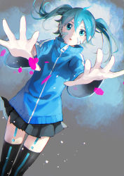 Rule 34 | 1girl, ahoge, black thighhighs, blue eyes, blue hair, ene (kagerou project), headphones, highres, kagerou project, long hair, looking at viewer, matching hair/eyes, outstretched hand, pine (yellowpine112), pleated skirt, short hair, skirt, solo, thighhighs, tsukun112, twintails, vocaloid, yamaha, zettai ryouiki, zipper