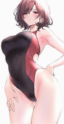 Rule 34 | 1girl, absurdres, armpits, bare shoulders, black one-piece swimsuit, blush, breasts, brown hair, closed mouth, competition swimsuit, covered navel, from below, grey background, hair ornament, hairclip, half-closed eyes, hand on own hip, hand on own thigh, highres, higuchi madoka, idolmaster, idolmaster shiny colors, large breasts, long hair, looking at viewer, looking down, mole, mole under eye, one-piece swimsuit, purple eyes, short hair, simple background, solo, swimsuit, thighs, two-tone swimsuit, ulrich (tagaragakuin), white background
