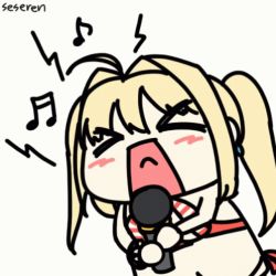 Rule 34 | &gt; &lt;, 1girl, animated, animated gif, bikini, fate/grand order, fate (series), lowres, microphone, music, musical note, navel, nero claudius (fate), nero claudius (fate) (all), nero claudius (fate/extra), nero claudius (swimsuit caster) (fate), open mouth, seseren, singing, swimsuit