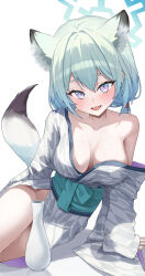 Rule 34 | 1girl, absurdres, animal ears, bath yukata, blue archive, blue halo, breasts, cleavage, green hair, halo, highres, japanese clothes, kimono, kustaru, large breasts, long sleeves, obi, official alternate costume, sash, shigure (blue archive), shigure (hot spring) (blue archive), short hair, solo, tail, weasel ears, weasel tail, white kimono, yukata