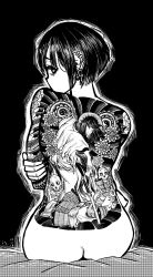 Rule 34 | 1girl, absurdres, ass, black hair, breasts, earrings, fine art parody, freckles, freckles on breasts, gekikara (tomboy-sama), heart, heart-shaped pupils, highres, jewelry, katana, nihonga, original, parody, samurai, scar, scar on face, sword, symbol-shaped pupils, tattoo, arm tattoo, tattoo on back, textless version, thick thighs, thighs, ukiyo-e, weapon, yakuza