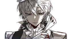 Rule 34 | 1boy, absurdres, bandaged hand, bandages, blood, blood on hands, braid, bungou stray dogs, expressionless, green eyes, grey eyes, hair between eyes, heterochromia, highres, jacket, long hair, looking at viewer, looking down, male focus, nikolai gogol (bungou stray dogs), parted lips, portrait, simple background, single braid, solo, white background, white hair, white headwear, white jacket, ya ta