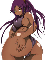 Rule 34 | 1girl, ass, bleach, breasts, dark skin, dark-skinned female, female focus, from behind, hand on ass, huge ass, long hair, looking back, ponytail, purple hair, revolver (titin), shihouin yoruichi, solo, yellow eyes