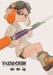 Rule 34 | 1girl, black shorts, boots, dolphin shorts, female focus, goggles, goggles on head, holding, holding weapon, inkling (language), inkling player character, looking at viewer, madaragi, nintendo, open mouth, orange eyes, orange hair, pointy ears, shorts, solo, splatoon (series), sweater, tentacle hair, turtleneck, turtleneck sweater, weapon, white sweater