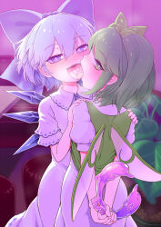Rule 34 | 2girls, blue bow, blue eyes, blue hair, blush, bow, cirno, daiyousei, dress, fairy wings, french kiss, green eyes, green hair, hair bow, hair ribbon, half-closed eyes, highres, holding, ice, ice wings, kiss, looking at viewer, looking back, multiple girls, one side up, open mouth, profile, puffy sleeves, ribbon, shirt, short hair, short sleeves, smile, touhou, uvula, wings, yassy, yuri