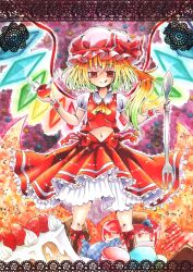 Rule 34 | 1girl, :q, adapted costume, apple, ascot, blonde hair, bow, breasts, brown footwear, cake, collared shirt, flandre scarlet, food, food focus, fork, frilled shirt collar, frills, fruit, hat, hat bow, hat ribbon, highres, holding, holding food, holding fork, long hair, looking at viewer, macaron, marker (medium), misosiru 0224, mob cap, multicolored wings, one side up, orange background, oversized object, petticoat, pink hat, puffy short sleeves, puffy sleeves, purple background, rainbow order, red apple, red bow, red eyes, red ribbon, red skirt, red vest, ribbon, shirt, short sleeves, skirt, small breasts, solo, strawberry, tongue, tongue out, touhou, traditional media, vest, white shirt, wings, yellow ascot