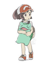 Rule 34 | 1girl, :o, backpack, bag, brown bag, brown eyes, brown hair, bulbasaur, commentary request, creatures (company), dated, elaine (pokemon), eyelashes, game freak, gen 1 pokemon, hat, holding, holding pokemon, looking to the side, nintendo, own hands together, parted lips, pokemon, pokemon (creature), pokemon lgpe, ponytail, red headwear, shirt, short sleeves, standing, sweat, ueda hanako, white background