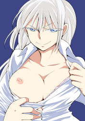 Rule 34 | 1girl, blush, bra, bra pull, breasts, breasts out, cleavage, clothes pull, highres, jormungand (manga), koko hekmatyar, large breasts, long hair, nipples, open clothes, solo, uesugi kyoushirou, underwear, white hair