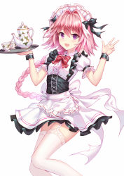 Rule 34 | 1boy, :d, aaeru, alternate costume, apron, astolfo (fate), black skirt, blush, bow, bowtie, braid, center frills, commentary request, cowboy shot, cup, enmaided, fang, fate/apocrypha, fate (series), frilled apron, frilled sleeves, frills, garter straps, hair intakes, hands up, high-waist skirt, highres, long hair, looking at viewer, maid, maid headdress, male focus, open mouth, pink hair, puffy short sleeves, puffy sleeves, purple eyes, red bow, red neckwear, shirt, short sleeves, simple background, single braid, skirt, smile, standing, teacup, teapot, thighhighs, trap, very long hair, w, w arms, waist apron, white apron, white background, white legwear, white shirt, wrist cuffs, zettai ryouiki