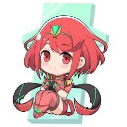 Rule 34 | 1girl, armor, chibi, covered navel, earrings, fingerless gloves, gloves, headpiece, jewelry, looking at viewer, mochimochi (xseynao), nintendo, pyra (xenoblade), red eyes, red hair, red shorts, short hair, shorts, shoulder armor, smile, solo, swept bangs, tiara, xenoblade chronicles (series), xenoblade chronicles 2