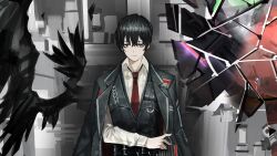 Rule 34 | 1boy, black eyes, black hair, black jacket, black vest, broken glass, closed mouth, game cg, glass, highres, jacket, lapels, limbus company, looking at viewer, male focus, nai ga, notched lapels, official art, open clothes, open jacket, project moon, short hair, solo, standing, vest, white vest, yi sang (project moon)