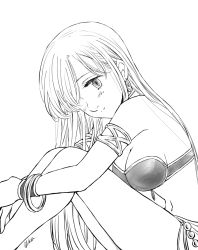 Rule 34 | 1girl, blush, bra, bracelet, breasts, cleavage, closed mouth, elizabeth liones, from side, greyscale, hair over one eye, harumiya, jewelry, leaning forward, long hair, medium breasts, monochrome, nanatsu no taizai, signature, simple background, sitting, sketch, smile, solo, strapless, strapless bra, underwear, very long hair, white background