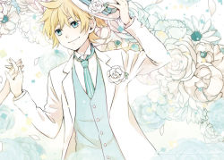 Rule 34 | 1boy, bad id, bad pixiv id, blonde hair, blue eyes, floral background, flower, formal, holding hands, hat, holding, holding hat, kagamine len, kuwahara souta, rose, solo focus, suit, vocaloid, white flower, white rose, white suit