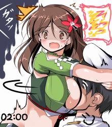 Rule 34 | 10s, 1boy, 1girl, admiral (kancolle), amagi (kancolle), black hair, breast smother, breasts, brown eyes, brown hair, crop top, face to breasts, hair ornament, hairclip, hat, hetero, hug, kantai collection, large breasts, mole, mole under eye, navel, open clothes, open mouth, open shirt, scared, shirt, tears, timestamp, tsuzuri (tuzuri), upper body
