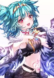 Rule 34 | 1girl, artist name, bird legs, black feathers, black wings, breasts, claws, commentary, feathers, green hair, harpy, heart, heart tattoo, highres, indie virtual youtuber, lincoro, monster girl, open mouth, pointy ears, red eyes, short hair, short twintails, simple background, small breasts, solo, stomach tattoo, tattoo, tiara, twintails, virtual youtuber, white background, winged arms, wings, yoake