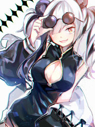 Rule 34 | 1girl, animal ears, arknights, black hair, breasts, china dress, chinese clothes, cleavage, cleavage cutout, clothing cutout, dress, eyewear on head, feater (arknights), hair over one eye, jacket, large breasts, long hair, looking at viewer, multicolored hair, open mouth, panda ears, sharmi, smile, solo, streaked hair, sunglasses, twintails, white background