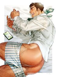 Rule 34 | 1boy, absurdres, ass, ass focus, ass hair, bara, black tank top, boxers, brown hair, collared shirt, drooling, facial hair, feet out of frame, from above, green male underwear, green necktie, hairy, highres, hima (nichikan), leg hair, legs apart, long sideburns, lying, male focus, male underwear, male underwear pull, mature male, muscular, muscular male, necktie, no pants, on bed, on side, original, pectorals, phone, salaryman, see-through, shirt, short hair, sideburns, sleeping, solo, stomach, striped male underwear, stubble, tank top, thick eyebrows, thick thighs, thighs, underwear, white male underwear