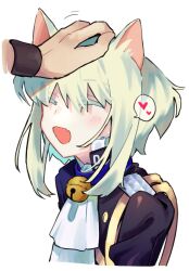 Rule 34 | 2boys, :d, animal ears, ascot, bell, black jacket, blonde hair, blue collar, blush, cat boy, cat ears, cat tail, closed eyes, collar, fang, galo thymos, happy, headpat, heart, highres, jacket, kemonomimi mode, lio fotia, male focus, multiple boys, neck bell, open mouth, out of frame, promare, purple eyes, rinno promare, short hair, sidelocks, smile, solo focus, spoken heart, tail, trap, white ascot, wristband