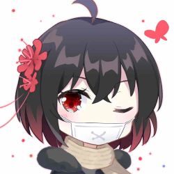 Rule 34 | 1girl, antenna hair, bug, butterfly, flower, gou lianlian dogface, hair between eyes, hair flower, hair ornament, honkai (series), honkai impact 3rd, insect, looking at viewer, mask, mouth mask, one eye closed, red butterfly, red eyes, red flower, red hair, scarf, seele (alter ego), seele vollerei, short hair, simple background, solo, white background