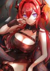 Rule 34 | 1girl, absurdres, arknights, black dress, black gloves, black thighhighs, breasts, center opening, cleavage, closed mouth, commentary, cowboy shot, demon horns, detached collar, dress, expressionless, eyelashes, fingerless gloves, fire, gloves, hair between eyes, hair intakes, highres, horns, large breasts, long hair, looking at viewer, purple eyes, red hair, short dress, single glove, sleeveless, sleeveless dress, solo, surtr (arknights), thighhighs, thighs, torishu (kumataka 4867), wing collar, zipper, zipper pull tab