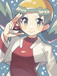 1girl anidler91 blue_background blue_eyes blue_hair closed_mouth commentary creatures_(company) cropped_jacket game_freak hand_up hat highres holding holding_poke_ball jacket kris_(pokemon) long_hair long_sleeves nintendo open_clothes open_jacket poke_ball poke_ball_(basic) pokemon pokemon_gsc red_shirt shirt smile solo twintails white_jacket yellow_hat