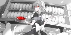 Rule 34 | 1girl, apron, back bow, bow, braid, closed mouth, cup, dress, expressionless, food, greyscale, hair between eyes, hair bow, highres, holding, holding knife, holding plate, indoors, izayoi sakuya, karo (karohroka), knife, looking at viewer, looking back, maid apron, maid headdress, monochrome, non-web source, official art, pie, plate, puffy short sleeves, puffy sleeves, red eyes, second-party source, shelf, short sleeves, sleeve cuffs, solo, spot color, teacup, teapot, touhou, touhou lostword, twin braids, upper body, wrist cuffs