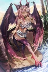 Rule 34 | 1girl, absurdres, ankh, bandages, black sclera, chain, colored sclera, desert, dragon girl, dragon horns, dragon tail, dragon wings, egyptian art, facial tattoo, feathered wings, forked tongue, head wings, heart, heart tattoo, highres, horns, indie virtual youtuber, jewelry, looking at viewer, multiple horns, multiple wings, mummification (non bound), naked bandage, navel piercing, oasis, piercing, pink hair, sharp toenails, slit pupils, snake armband, tail, tan, tattoo, toenails, tongue, tongue out, trickywi, tur, virtual youtuber, wings, yellow eyes