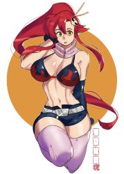 Rule 34 | 1girl, bikini, bikini top only, breasts, character name, commentary, english commentary, flame print, hair ornament, hair stick, highres, large breasts, looking at viewer, navel, parted lips, ponytail, red hair, skull hair ornament, snowcie, solo, swimsuit, tengen toppa gurren lagann, thick thighs, thighhighs, thighs, yellow eyes, yoko littner