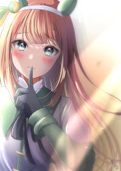 Rule 34 | 1girl, absurdres, animal ears, blonde hair, blue eyes, blunt bangs, blush, commentary, ear covers, english commentary, finger to mouth, flat chest, green eyes, hairband, highres, hime cut, horse ears, horse girl, index finger raised, layered sleeves, long sleeves, looking at viewer, materu (2532), orange hair, shushing, silence suzuka (umamusume), smile, solo, umamusume, upper body, white hairband