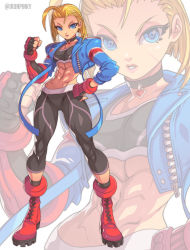 Rule 34 | 1girl, abs, antenna hair, armored gloves, black gloves, black pants, black socks, black sports bra, blonde hair, blue eyes, blue jacket, boots, breasts, cammy white, capcom, capri pants, choker, clenched hand, combat boots, commentary, contrapposto, cropped jacket, edwin huang, english commentary, facial scar, full body, gem, gloves, hand on own hip, jacket, leather, leather jacket, lips, midriff, open clothes, open jacket, pants, red footwear, scar, scar on cheek, scar on face, short hair, single vambrace, small breasts, socks, solo, sports bra, street fighter, street fighter 6, tight clothes, tight pants, vambraces, zoom layer