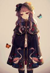 Rule 34 | 1girl, animal print, arms behind back, beige background, black legwear, bow, brown hair, bug, butterfly, cape, cowboy shot, crane (machine), expressionless, floral print, hair bow, highres, bug, long hair, looking away, mogmogyasai, original, purple eyes, shorts, simple background, solo, twintails