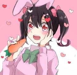 Rule 34 | 1girl, animal ears, artist name, artist request, black hair, blue skirt, blush, bow, bowtie, cardigan, carrot, collared shirt, female focus, green bow, green bowtie, hair bow, hand on own cheek, hand on own face, highres, holding, holding carrot, ku rissixyu, long sleeves, looking at viewer, love live!, love live! school idol project, nico nico nii, otonokizaka school uniform, parted lips, pink background, pink cardigan, rabbit ears, red bow, red eyes, school uniform, shirt, short hair, skirt, smile, solo, striped bow, striped bowtie, striped clothes, twintails, yazawa nico