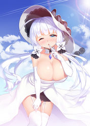 Rule 34 | 1girl, ahoge, azur lane, bad id, bad pixiv id, blue eyes, blue gemstone, blue sky, blunt bangs, blush, breasts, choker, cleavage, cloud, cowboy shot, day, dress, elbow gloves, floating hair, gem, gloves, hair ornament, hair ribbon, half-closed eye, hand on own leg, hat, illustrious (azur lane), index finger raised, jewelry, large breasts, leaning forward, light particles, light rays, long hair, looking at viewer, low twintails, mole, mole under eye, one eye closed, pendant, ratio (ratio-d), ribbon, sidelocks, skindentation, sky, smile, solo, sparkle, sun, sun hat, sweat, sweatdrop, thighhighs, tress ribbon, twintails, white dress, white gloves, white hair, white hat, white thighhighs