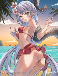 Rule 34 | 1girl, alternate hair length, alternate hairstyle, artist name, ass, bare shoulders, beach, bikini, blush, breasts, cameltoe, commission, fire emblem, fire emblem: radiant dawn, grey hair, half updo, long hair, looking at viewer, looking back, micaiah (fire emblem), micaiah (summer) (fire emblem), nail polish, nelyrian1, nintendo, ocean, patreon username, red bikini, red nails, signature, small breasts, solo, swimsuit, towel, very long hair, yellow eyes