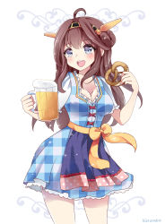 Rule 34 | 10s, 1girl, :d, ahoge, alcohol, alternate costume, apron, artist name, beer, beer mug, belt, blue dress, blue eyes, blush, bow, breasts, brown hair, checkered clothes, checkered dress, cleavage, commentary, cross-laced clothes, cup, dirndl, double bun, dress, food, german clothes, hairband, headgear, kaetzchen, kantai collection, kongou (kancolle), long hair, mug, oktoberfest, open mouth, plaid, plaid dress, pretzel, smile, solo, standing, waist apron