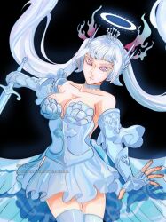 Rule 34 | 1girl, armor, armored dress, black clover, blue choker, blue wings, breasts, choker, cleavage, closed mouth, crown, ear ornament, gauntlets, grey hair, hair ribbon, halo, highres, holding, holding sword, holding weapon, liquid hair, long hair, looking at viewer, low twintails, medium breasts, noelle silva, pink eyes, pleated skirt, ribbon, skirt, solo, sword, tailyor art, twintails, water, water wings, weapon, wings