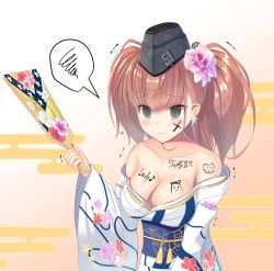 Rule 34 | 1girl, alternate costume, atlanta (kancolle), blush, breasts, brown hair, closed mouth, earrings, flower, garrison cap, hagoita, hair between eyes, hair flower, hair ornament, hanetsuki, hat, highres, japanese clothes, jewelry, kantai collection, kimono, large breasts, long hair, long sleeves, looking at viewer, paddle, sei kousen, solo, star (symbol), star earrings, table tennis, two side up, wide sleeves, yukata