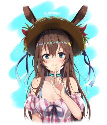 Rule 34 | :d, amiya (arknights), animal ears, aqua choker, aqua eyes, arknights, arm at side, bare shoulders, bikini, bikini under clothes, blue bikini, blue ribbon, blush, breasts, brown hair, choker, cleavage, commentary, commentary request, crossed bangs, detached sleeves, dot nose, english text, finger to own chin, flower, frilled shirt, frilled sleeves, frills, hand up, hat, hat flower, hat ribbon, highres, jewelry, long hair, looking at viewer, medium breasts, multiple rings, official alternate costume, open mouth, outdoors, pink shirt, plaid, plaid shirt, rabbit ears, rainbow hair shine, ribbon, ring, shiny skin, shirt, short sleeves, sidelocks, smile, solo, split mouth, straw hat, summer, sun hat, swimsuit, symbol-only commentary, togo (korlsj1235), upper body, water, white background